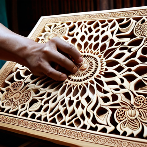 Home 19 **Image Prompt:** A Laotian wood carving мастерская, где молодой мастер uses a 3D printer to design an intricate pattern, while traditional tools are scattered around. Emphasis on combining вековые техники and modern technology.
