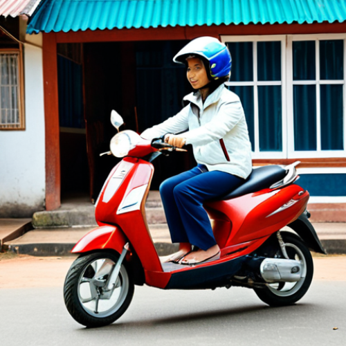 Home 18 A discerning traveler, dressed in practical, modest long pants and a light long-sleeved jacket, carefully inspects the front tire of a parked 125cc scooter at a well-lit motorbike rental shop in Laos. A quality helmet is placed securely on the seat. The scene captures the diligent pre-rental check, with other scooters and a typical Lao guesthouse in the background. Professional photography, realistic, high detail, sharp focus, natural lighting, fully clothed, modest clothing, appropriate attire, professional dress, safe for work, appropriate content, perfect anatomy, correct proportions, natural pose, well-formed hands, proper finger count, natural body proportions, professional.