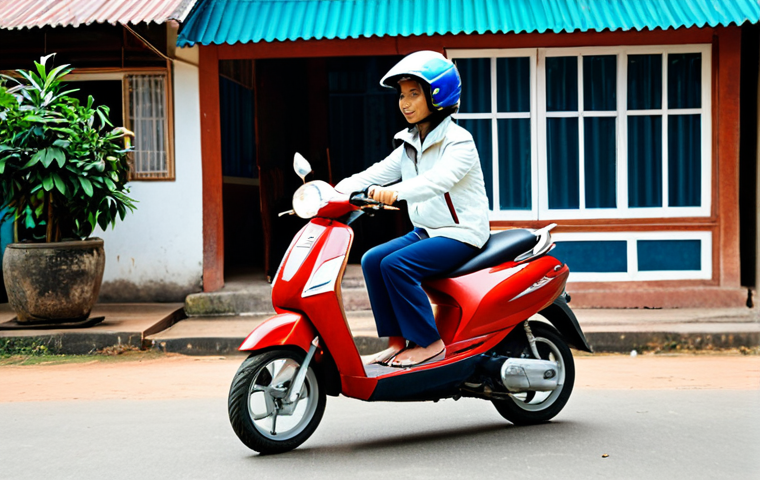 A discerning traveler, dressed in practical, modest long pants and a light long-sleeved jacket, carefully inspects the front tire of a parked 125cc scooter at a well-lit motorbike rental shop in Laos. A quality helmet is placed securely on the seat. The scene captures the diligent pre-rental check, with other scooters and a typical Lao guesthouse in the background. Professional photography, realistic, high detail, sharp focus, natural lighting, fully clothed, modest clothing, appropriate attire, professional dress, safe for work, appropriate content, perfect anatomy, correct proportions, natural pose, well-formed hands, proper finger count, natural body proportions, professional.
