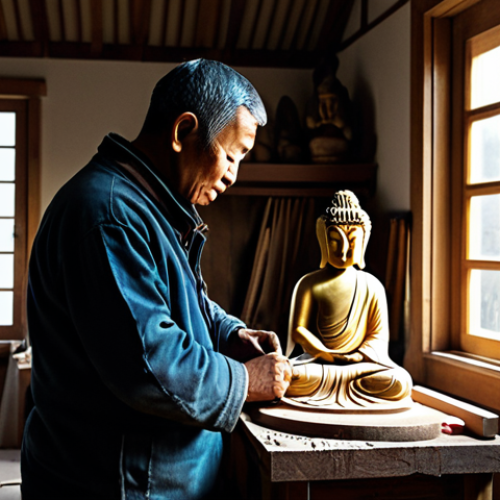 Home 17 The Sculptor**
"A craftsman in a traditional workshop, carefully carving a Buddha statue from wood, fully clothed, appropriate attire, dust motes in the air, golden light streaming through a window, safe for work, perfect anatomy, natural proportions, professional, modest, family-friendly."
**