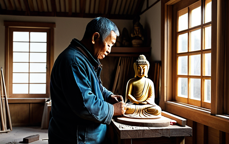 The Sculptor**

"A craftsman in a traditional workshop, carefully carving a Buddha statue from wood, fully clothed, appropriate attire, dust motes in the air, golden light streaming through a window, safe for work, perfect anatomy, natural proportions, professional, modest, family-friendly."

**