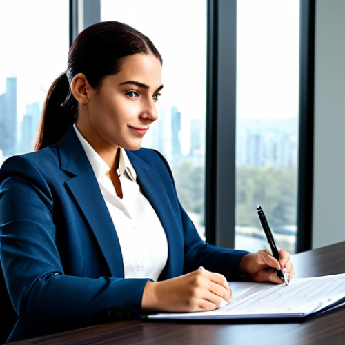 Home 8 **
A professional businesswoman in a modest business suit, sitting at a desk in a modern office, fully clothed, appropriate attire, safe for work, perfect anatomy, natural proportions, professional photography, high quality. The office should have large windows with a cityscape view in the background. She is holding a pen and looking at a document. professional, modest, family-friendly.
**