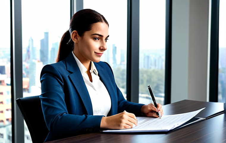 **

A professional businesswoman in a modest business suit, sitting at a desk in a modern office, fully clothed, appropriate attire, safe for work, perfect anatomy, natural proportions, professional photography, high quality. The office should have large windows with a cityscape view in the background. She is holding a pen and looking at a document. professional, modest, family-friendly.

**