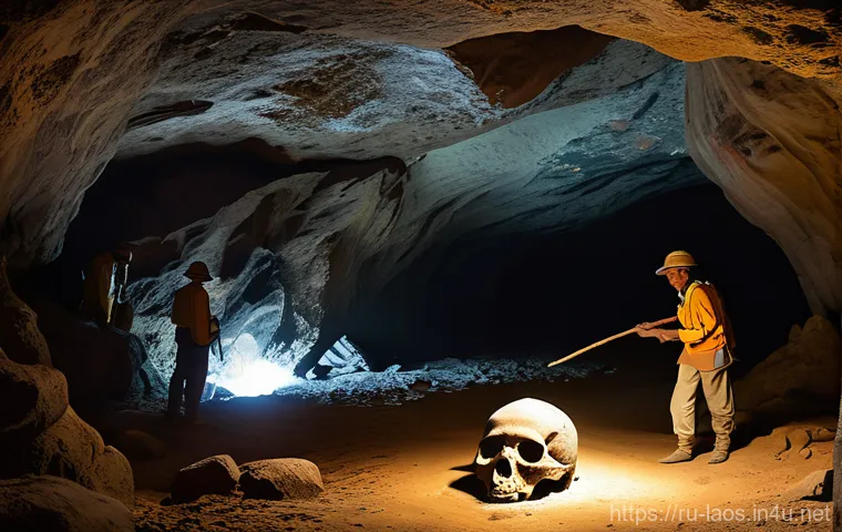 라오스 고대 동굴 벽화 - **Prompt 1: Ancient Echoes in Tham Pa Ling Cave**
    A realistic depiction of a deep, ancient cave ...