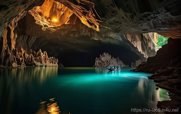 라오스 고대 동굴 벽화 - **Prompt 1: Ancient Echoes in Tham Pa Ling Cave**
    A realistic depiction of a deep, ancient cave ...