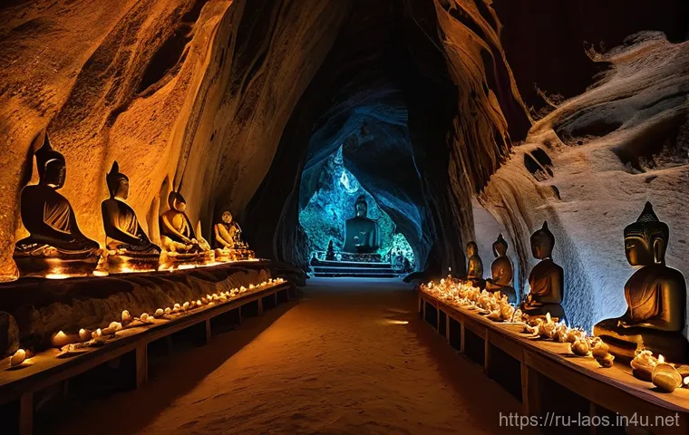 라오스 고대 동굴 벽화 - **Prompt 2: Journey Through Kong Lor Cave**
    An immersive, dynamic shot inside the vast Kong Lor ...