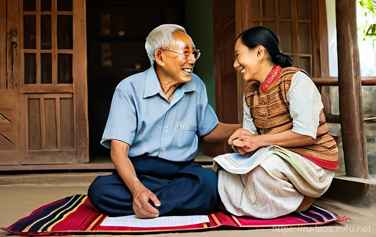 라오스 공용어와 방언 - **Prompt: Lao Life's Dual Rhythm: From Market Bustle to Temple Tranquility**
    "A diptych or split...