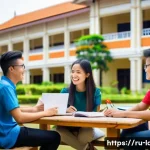 라오스 유학생 가이드 - A vibrant university campus scene in Vientiane, Laos, featuring diverse international students study...