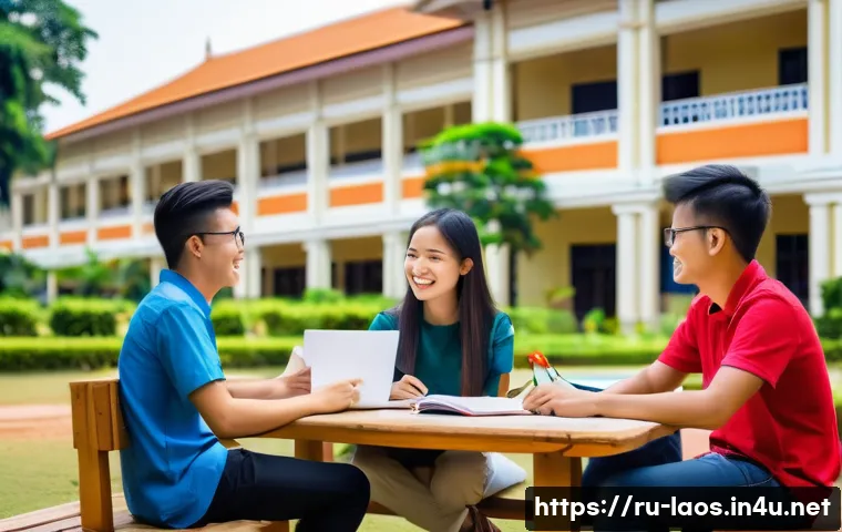 라오스 유학생 가이드 - A vibrant university campus scene in Vientiane, Laos, featuring diverse international students study...