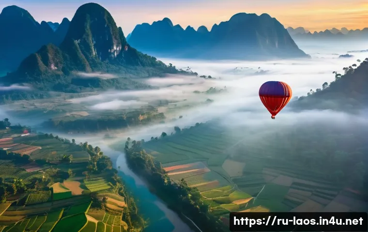 라오스 방비엥 핫에어벌룬 - A colorful hot air balloon gently ascending over the misty, lush green valleys of Vang Vieng at sunr...