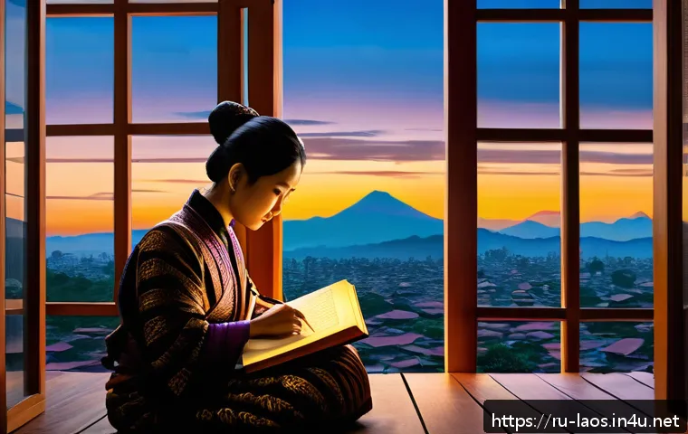 라오스 유명 작가 - A richly detailed scene depicting a contemporary Laotian writer deeply immersed in crafting a novel ...