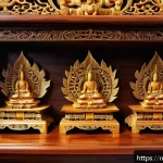 Home 16 라오스 전통 목공예 - A highly detailed wooden Buddhist altar carved from teak wood, richly decorated with sacred symbols ...