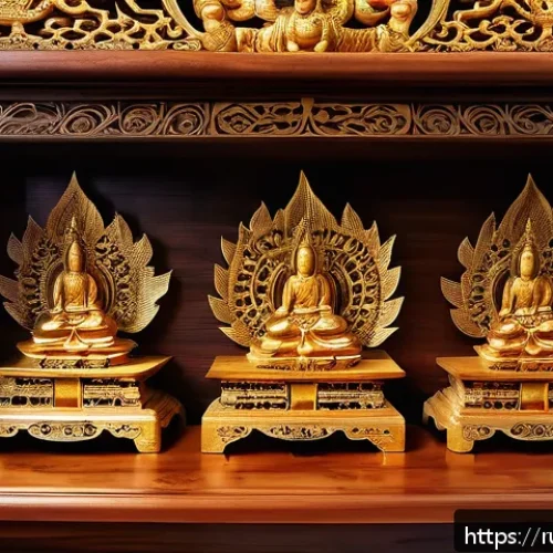 Home 26 라오스 전통 목공예 - A highly detailed wooden Buddhist altar carved from teak wood, richly decorated with sacred symbols ...