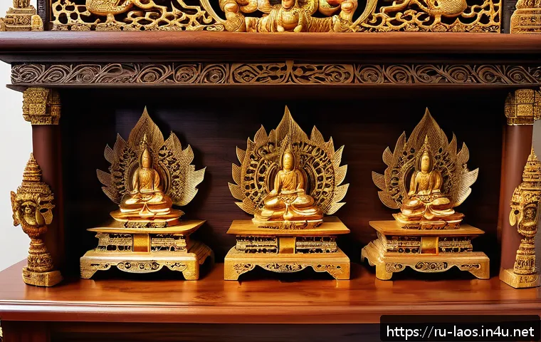 라오스 전통 목공예 - A highly detailed wooden Buddhist altar carved from teak wood, richly decorated with sacred symbols ...