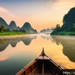 Home 20 라오스 힐링 여행 - A serene sunrise scene over the Mekong River in Laos, featuring calm water reflecting the golden lig...