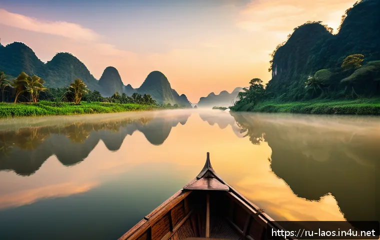 라오스 힐링 여행 - A serene sunrise scene over the Mekong River in Laos, featuring calm water reflecting the golden lig...