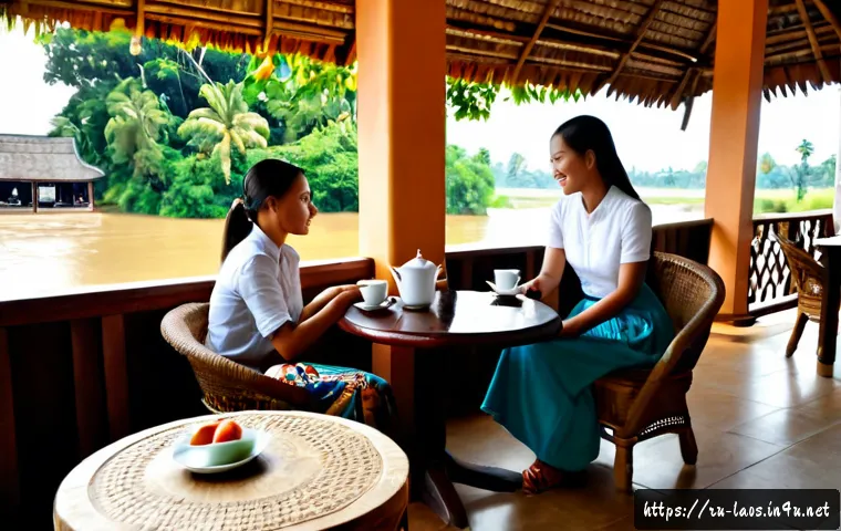Home 17 라오스와 서양 문화 융합 - Photorealistic cultural fusion scene in Vientiane, Laos: a warm wooden riverside café terrace where ...