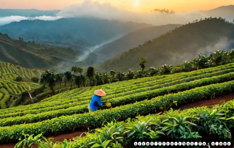 Home 17 라오스 커피 산업 - Photorealistic sunrise view of a Lao coffee plantation on the Bolaven Plateau, neat rows of glossy c...